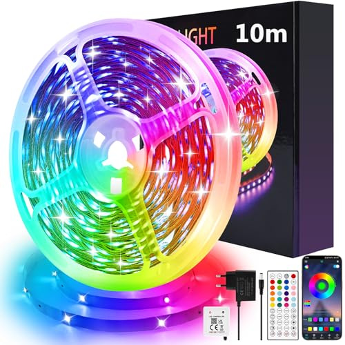 Oumida Striscia LED,10M RGB Luci LED Camera da Letto Multicolor Bluetooth APP Controllato, Dimmerabile Fancy LED Strip Musica Sincronizza per Camera, Soggiorno, Camera da Letto, Bar, Festa (10M)