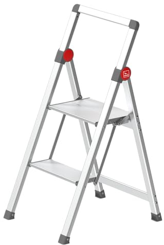 GIERRE Scaletta 2 Gradini Pieghevole Salvaspazio 90H x 41 cm Scala Alluminio con Gradini Zigrinati Profondi 10 Cm Scaletta Pieghevole con Piedini Antiscivolo e Comoda Piattaforma da 30,5 cm
