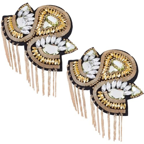 CABODYALS 2Pcs Gold Fringe Shoulder Flower Shaped Rhinestones Epaulettes Sparkle Link Chain Appliques Glitter Tassels Vintage Decorative Badge for Women Clothing Accessories Wedding Dresses Party