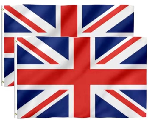 Paquete de 2 banderas de Reino Unido, bandera de Reino Unido de 5 x 3 pies con ojales de latón, bandera nacional británica del Reino Unido para uso en interiores y exteriores, fiestas, festivales