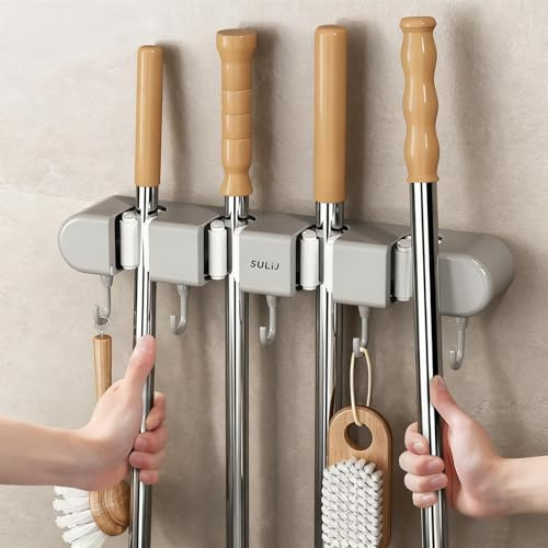 HASLED Besenhalterung Wand Selbstklebend, 4 Clips + 5 Haken, Grau Besenhalter, Besenstiel Halterung Bohrfrei, Halterung Besen Wand für Besen, Mopp und Reinigungsutensilien, Küche, Garage, Garten