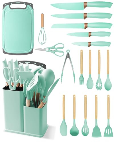 19 Pezzi Set di Coltelli da Cucina - Utensili da Cucina in Silicone con 5 Coltelli per Pentole Antiaderenti, con Scatola di Stoccaggio (Verde Chiaro)