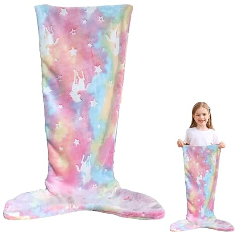 Satiskid Kids Mermaid Tail Blanket, Mermaid Glow in the Dark Blanket for Girls, Soft Flannel Snuggle Throw Mermaid Sleeping Bag Sofa Blankets for Kids, 100 x 50cm