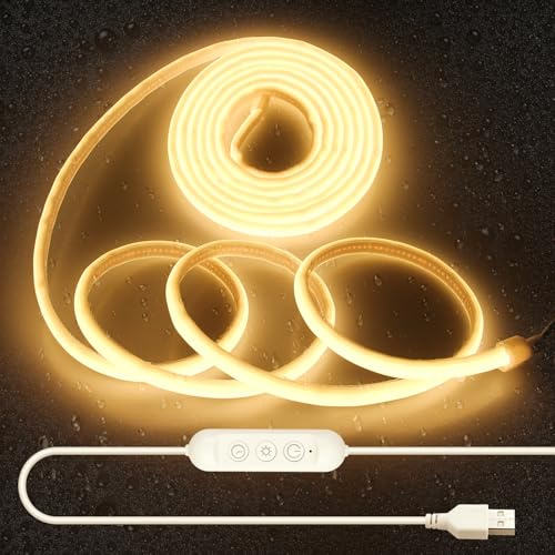 Aclorol COB LED Streifen 3M USB Dimmbar LED Band Aussenbereich Wasserdicht IP67 Warmweiß 3000K Lichtleiste mit Selbstklebend für Schlafzimmer Innen Außen Terrasse DIY Deko 320LEDs/M CRI90+