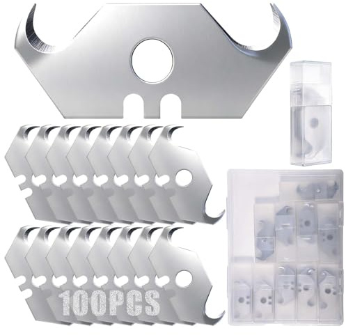 LEONTOOL 100 Pack Utility Hook Blades, SK5 Steel Hook Razor Knife Blades, Safety Horn Knife Blade with Plastic Case, Heavy Duty Replacement Blade for Cutting Carpets, Wallpaper, Roofing Materials