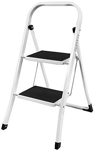 Home Vida 2 Step Ladder - Heavy Duty Steel Folding Ladder with Slip-Resistant and Wide Steps, Folding Mechanism, 150kg Max Load, Home/Kitchen/DIY/Garden Use, White