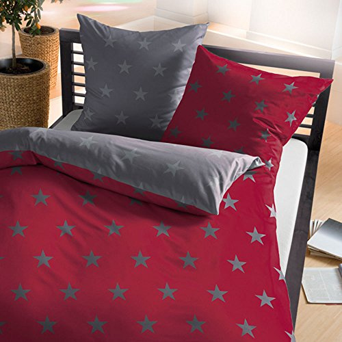 G BETTWARENSHOP kuschelig weiche Biber Bettwäsche Stars Rubin aus 100% Baumwolle mit Reißverschluss - ideal für den Winter 200x200 cm + 2X 80x80 cm