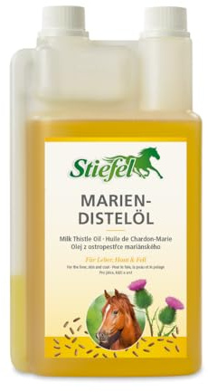 Stiefel Mariendistelöl für Pferde, hochwertiges 100% naturreines Öl, Unterstützung der Leberfunktion, Gutes für Haut & Fell, flüssig mit Dosierflasche, 1l