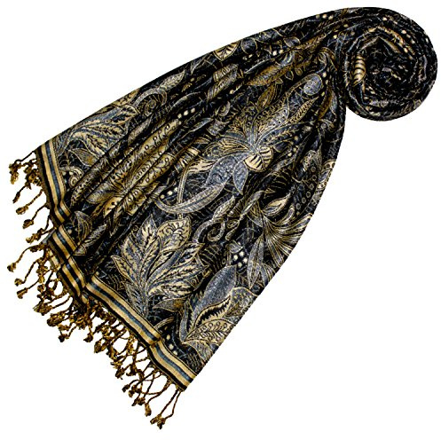 Lorenzo Cana Marken Damenpashmina Schal Schaltuch Stola Umschlagtuch Naturfaser opulentes Muster in harmonischen Schwarz Blau Gold Farben mit Fransen 70 cm x 200 cm - 78438