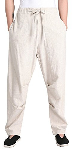 ZooBoo Men's Martial Arts Pants Kung Fu Linen Trousers Tang Suit Pants (L, Beige)