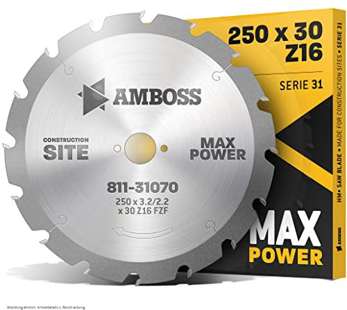 Amboss - HM Kreissägeblatt Ø 250 mm x 3,2 mm x 30 mm | Für Paletten, Holz mit Nägeln etc. | Serie 11.31-16 Zähne FWF