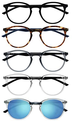 OPULIZE Met 5er-Pack Lesebrille Mit Sonne Leser Runden Schwarz Braun Grau Klar Herren Damen RRRRS60-127CC +1,50