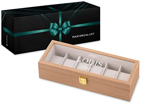Maverton Boîte à 6 montres personnalisée en bois - 31 cm x 11 cm x 8 cm - Coffret pour une collection de montres - Cadeau pour collectionneurs - Pour homme - Destinataire
