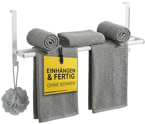 Handtuchstange, Handtuchhalter ohne Bohren, verstellbar, Weiß | Doppelte Handtuchstange, bis 5 kg, inkl. Kratzschutz, für Bad, WC und Küche, auch als Geschirrtuchhalter, bis 20mm Falzbreite
