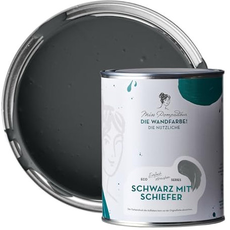 MissPompadour abwaschbare Wandfarbe Schwarz mit Schiefer 1L - hohe Deckkraft & Ergiebigkeit - matte, scheuerbeständige Innenfarbe - geruchsarm, wasserbasiert, atmungsaktiv - Die Nützliche
