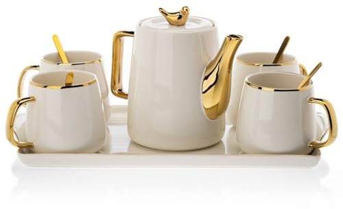HowHomely Servicio de café con tetera de cerámica Noah blanco Glamour