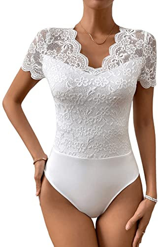 GORGLITTER Damen Body Durchsichtig Spitzen Bodysuit Oberteil Trachtenbody Spitzenbody Party Bodys Dirndlbody V-Ausschnitt Weiß S