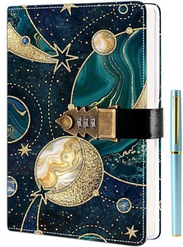 ZXHQ Lock Diary with Pen Set, A5 240 Pages Secret Lockable Journal, Personal Planner Organizer Notebook, Size A5(8.5 × 5.9) Fantasy Planet