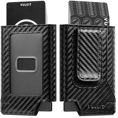 VULKIT Herrplånbok korthållare pop up kortplånbok smal läder RFID-blockerande minimalistisk plånbok med sedelklämma, Kolfibersvart, One Size, minimalist