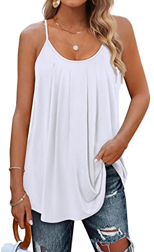 Aokosor Womens Vest Tops For Women Uk Summer Adjustable Spaghetti Straps Ladies Pleated Sleeveless Tank Ladies Tops Plus Size 18-20 White