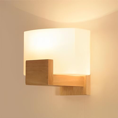 YKSJDFH Rustikale Wandlampe aus Holz, japanische kreative Wandleuchten mit Glasschirm, E27, Wandleuchte für Zuhause, Schlafzimmer, Esszimmer, Wohnzimmer, Studio, Wandleuchten