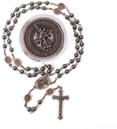 Nazareth Store Rosario di San Michele Collana di perline di pietra ematite Perline di gloria in metallo Medaglia dell'Arcangelo e croce con scatola regalo in metallo (Copper | Jesus Cross)