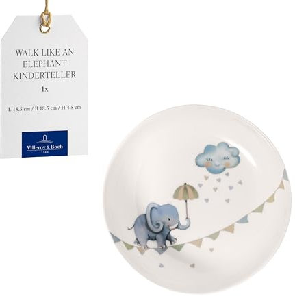 Villeroy & Boch – Boho Kids Walk like an elephant Suppenteller für Kinder Blau, Spülmaschinenfest, Mikrowellensicher, Kinder Teller, Keramik, Tiermotiv Elefant und Faultier, Premium Porzellan