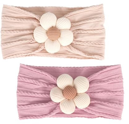 Ruzister 2 Stück Baby-Blumen-Stirnbänder für Babys, Mädchen, Nylon-Stirnbänder, weiche Haarbänder, Haar-Accessoires für Neugeborene, Kleinkinder, Kinder (Beige/Rosa)
