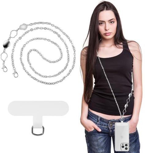 MoKo Catena per Cellulare in Metallo Universale, Rimovibile, a Mani libere, per Viaggi, Escursioni, pendolarismo Quotidiano, Cordino iPhone e Maggior Parte degli Smartphone, Argento