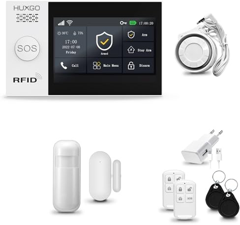 HUXGO® HXA007 Alarmanlage Haus WiFi + GSM 4G mit Sirene | Alarm System mit Bewegungssensor, Fensteralarm/Türalarm Fernbedienung | Smart Home Security TUYA