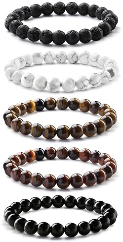 Milacolato 3-5PCS Armbänder für Herren 8MM Tigerauge Armband Herren Schwarzen Perlenarmband Herren Elastische Lavastein Armband Herren Perlen Vatertag Armband für Männer Schmuck Geschenke