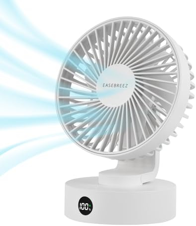 EASEBREEZ Desk Fan, Small Fan Quiet Operation, Lightweight USB Fan, Small Footprint, Table Fan Charges Via USB Port, A display Shows its Charge Level, 5 Speeds Settings, Adjustable Tilt, White