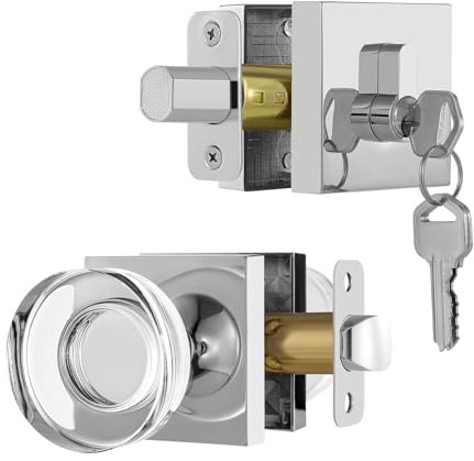 newliplace Glastürknauf mit Einzylinder-Riegelschloss, Außenkristall-Türknauf mit Riegel, poliertes Chrom, Vordertürschloss-Set, Kristall-Haustürgriff und Riegel-Set