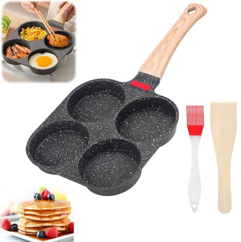 Poêle à œufs au plat, poêle à pancake à induction 4 trous avec pinceau en silicone, spatule en bois, poêle en aluminium antiadhésif, facile à nettoyer pour le petit déjeuner, les œufs au plat, les