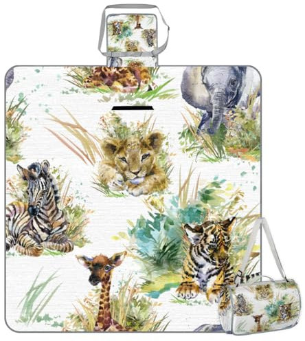 Mularoka Picknickdecke, Zebra-Giraffe, Tiger, wasserdicht, sanddicht, faltbar, Stranddecke, 150 x 145 cm, extra groß, tragbar, waschbar, Outdoor-Matte für Camping, Park, Gras, Wandern, Reisen