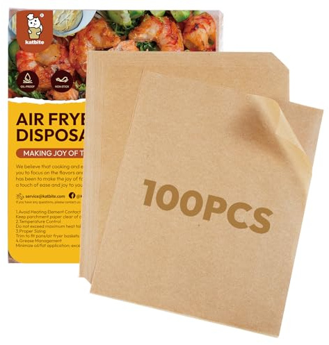 Katbite 100 PCS Air Fryer Liners Parchment Paper 23x28 cm Unbleached | Disposable perforated parchment paper sheets. Extra strong. Compatible with Cuisinart & Ninja Foodi air fryers