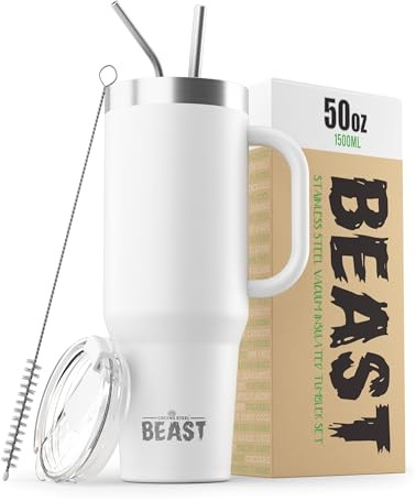 Beast Tumbler - 1500 ml (50 oz), Arctic White | Reusable Stainless Steel, Vacuum Insulated Cup | with + 2 Straws & Cleaning Brush | Double Wall Travel Flask Perfect for Hot or Iced Coffee