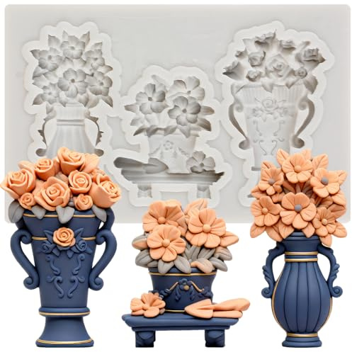 Sijiangmold Flower Pots Urns Silicone Moulds Flower Vase Fondant Mould for Cake Decoration Chocolate Cupcake Topper Candy Polymer Clay Gum Paste
