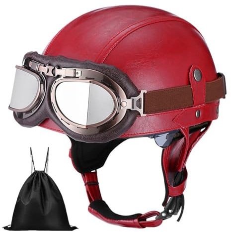 Uueybsg Casque de Moto Vintage Cuir Retro Casque Jet Casques Bols Demi Casque de Mobylette Cuir avec Lunettes Homologué ECE Casque Scooter pour Adultes Homme et Femme avec Sac de Rangement