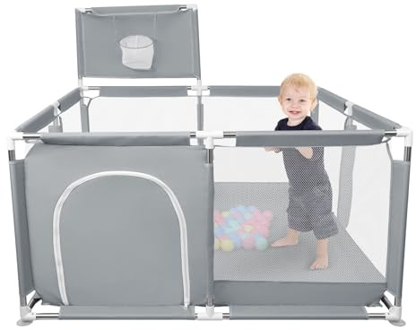 Laufgitter für Kinder, faltbar, aus Oxford-Gewebe mit atmungsaktivem Netz, Laufgitter für Neugeborene mit Spielen mit 50 Bällen (126 x 126 x 66 cm, Dunkelgrau)