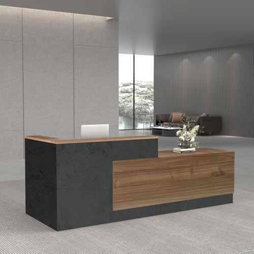 Bureau de réception en chêne européen avec tiroirs et armoires fermées – Comptoir élégant pour esthétique et magasin de vêtements (200 x 61 x 105 cm)