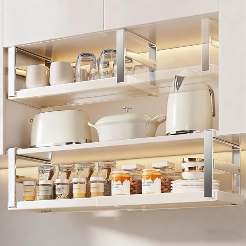 Under Shelf Storage Basket Expandable Organizer, Under Steel Cabinet Organizer Cabinet Shelf, for Space Saving and Easy Access Punch free Hanging Slide in Design with Stainless steel spice rack.
