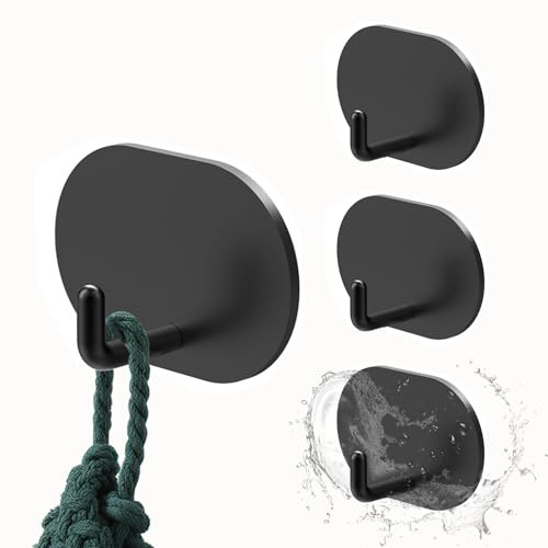 Mandouer Klebehaken Extra Stark, 4 Stück Handtuchhaken Ohne Bohren, Wasserfeste Edelstahl Wandhaken Selbstklebend Bademantelhaken für Bad Toilette Küche (Schwarz)