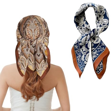 HECHKJ 2 Stück Quadratische Schals, 70 × 70 cm Schal aus Imitierter Seide, Blau und Braun Bandana Damen, 2 Verschiedene Designs Seidentuch, für Hals, Kopf und Kleidung