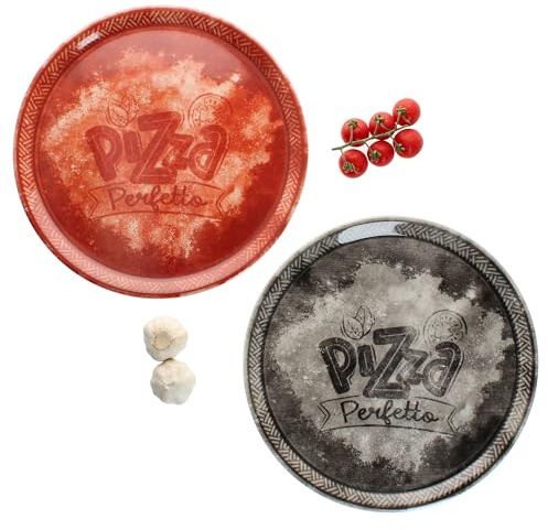 MamboCat Set di 2 piatti per pizza perfetti, Ø 31,5 cm, piatti in porcellana, 1 in rosso e nero, ideali per pizza, torte fiamme e molto altro ancora, grande piatto da portata con decorazione e scritta