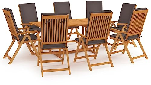 Qnhdfrt Garten Essgruppe 8 Stühle mit Kissen Teakholz Klappstühle 5 Fach Verstellbar Grau Polster 180 x 90 cm Tisch Outdoor Balkon Terrasse