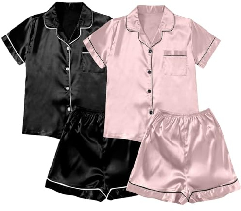 Celanisai Pigiama da donna corto in raso, set da 4 pezzi, camicia e pantaloncini, comodo, morbido, in seta, morbido, alla moda, tinta unita, per il tempo libero, comodo, morbido biancheria da notte, O