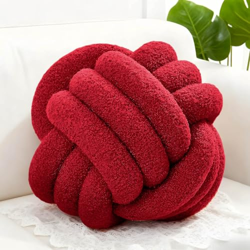 Adlbbkiy Burgundy 8.6 Inches Knot Pillow Ball, Round Soft Handmade Knotted Ball Pillow Plush Cushion Home Decor, Knotted Plush Pillow Cushion, for Living Room Sofa, Bedroom Decoration