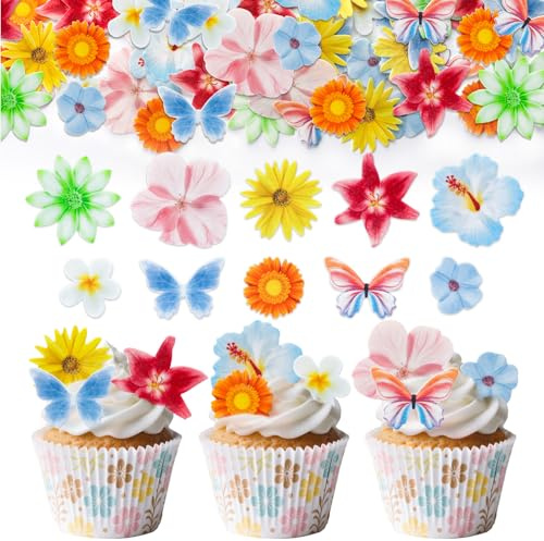 60 Pcs Edible Flower Cupcake Toppers | Edible Wafer Paper Cupcake Cake Dessert Toppers for Wedding, Baby Shower, Birthday Party Decorations