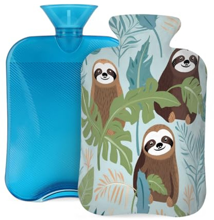 Wärmflasche mit Bezug, 2 l, süßes Faultier, tropisches Palmblatt, Wärmflaschen für Erwachsene, Wärmer/Schmerzlinderung